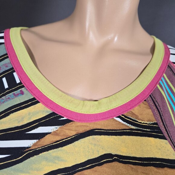 Vintage Save The Queen Top blouse size L Abstract Print Mesh Sleeves Stretch - Picture 3 of 13